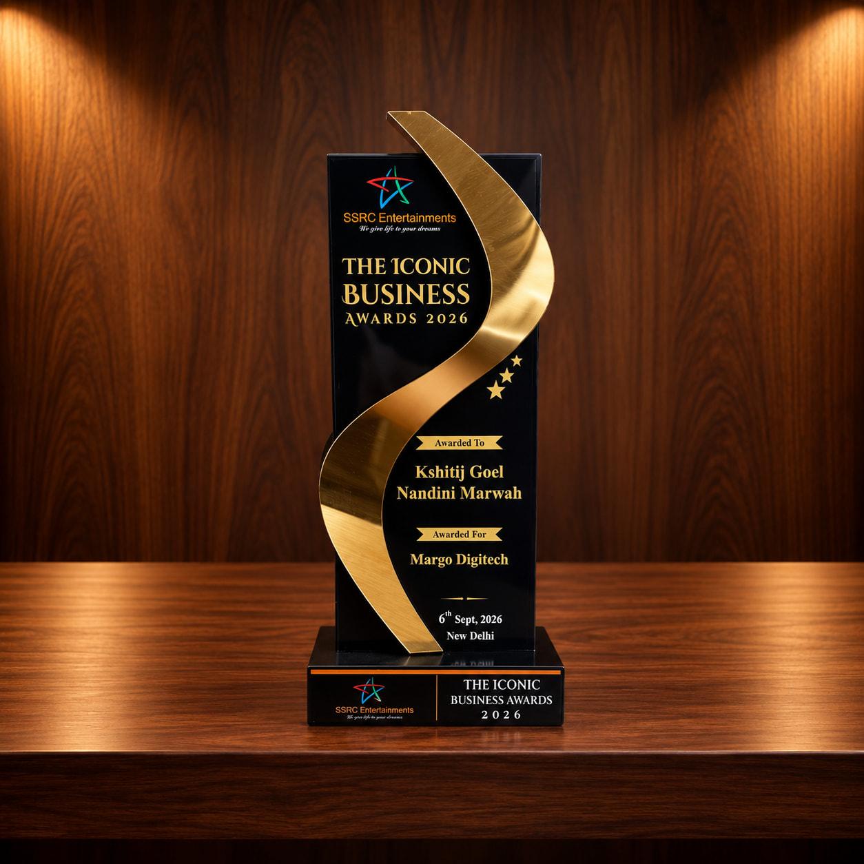The Iconic Business Awards 2026 trophy for Margo Digitech