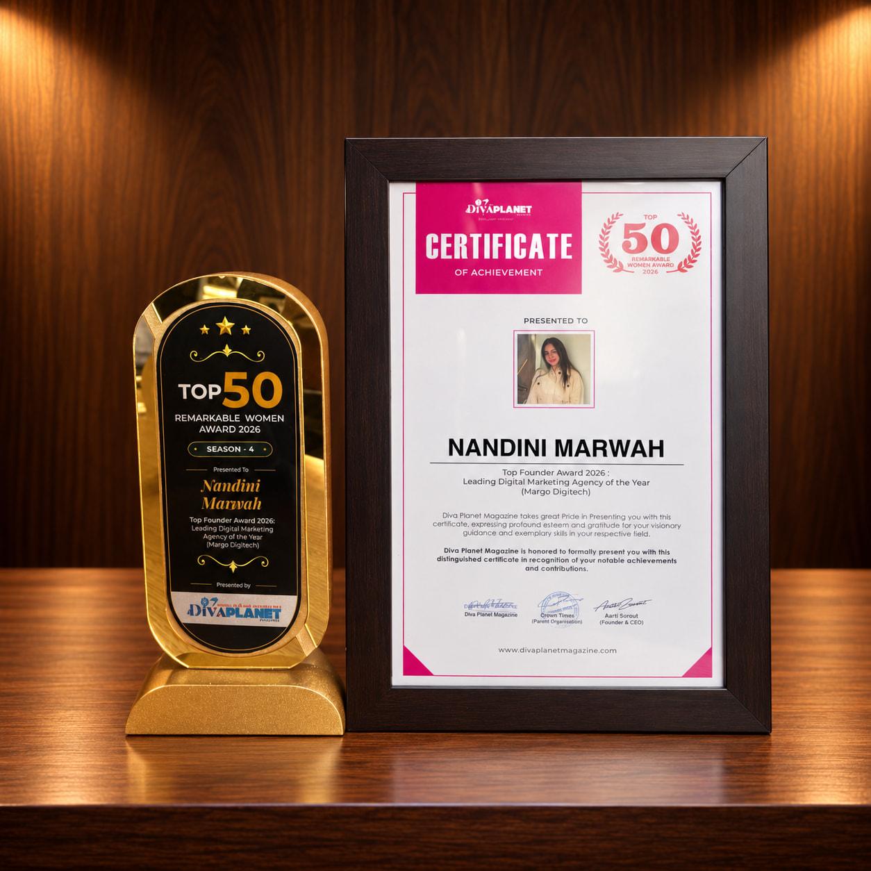Diva Planet Top 50 award and certificate presented to Nandini Marwah
